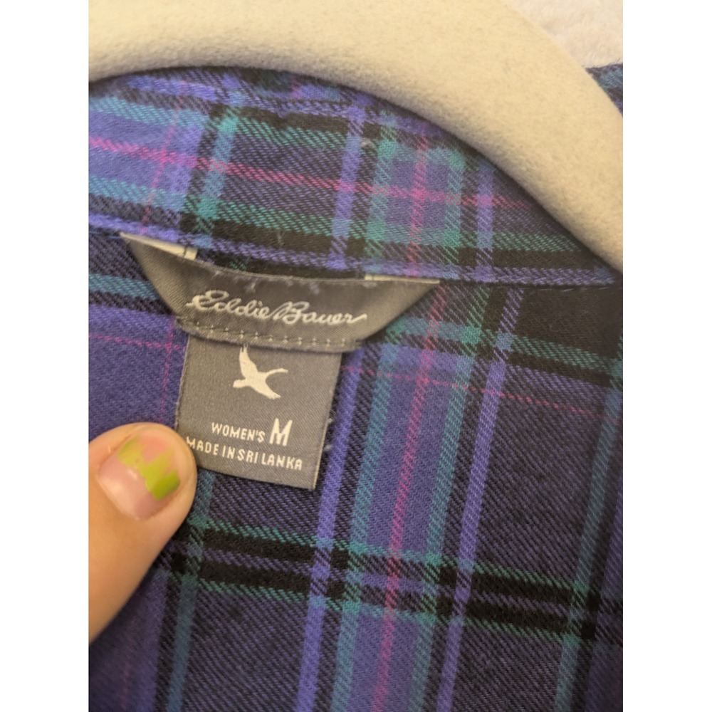 Eddie Bauer Flannel Button Front Women's Medium Purple Black Plaid Long Sleeve - Picture 5 of 8